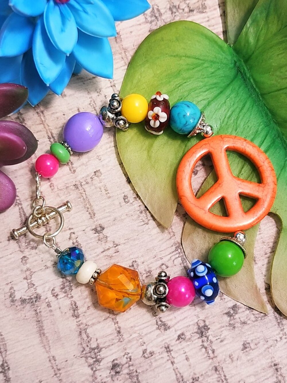 Colorful Beaded Peace Sign Bracelet Boho Hippie Rainbow Statement Jewelry